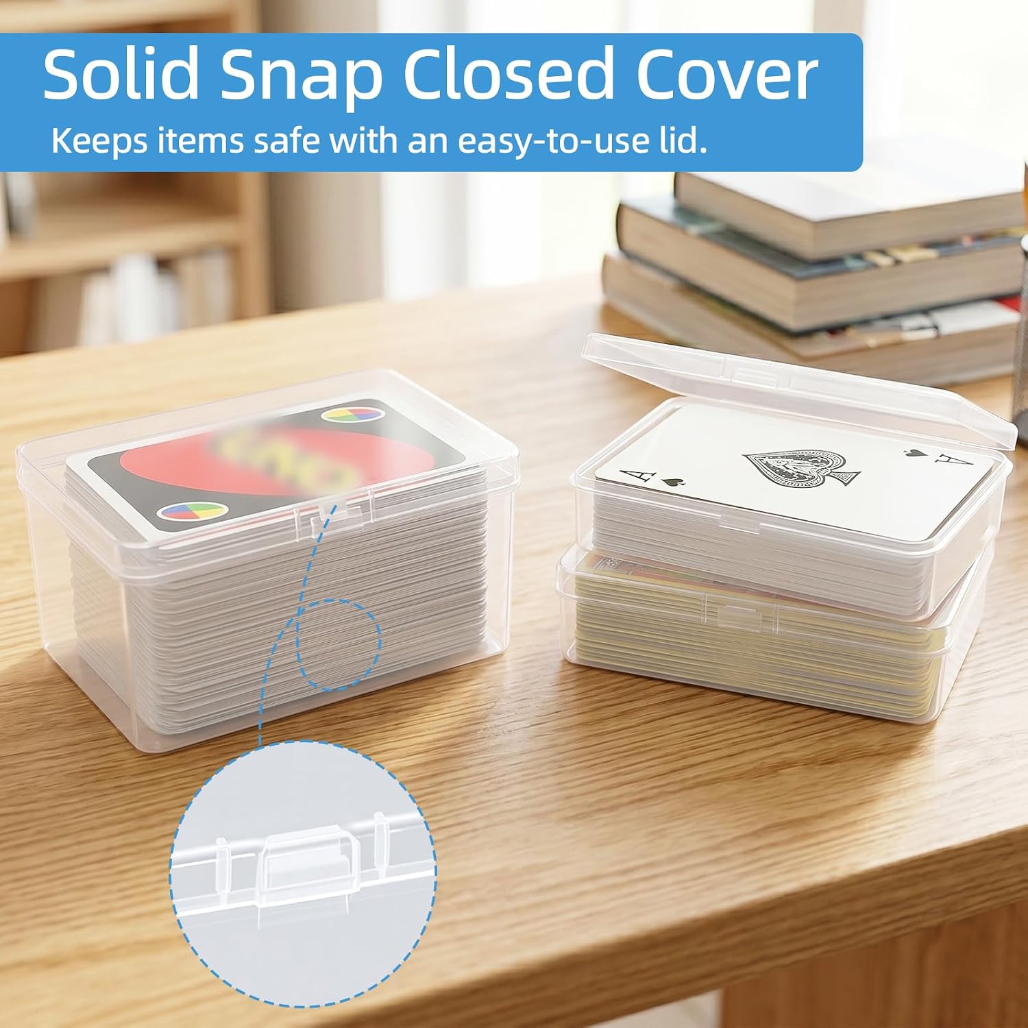 neotidy Playing Card Storage Box Set of 6, Clear Plastic Playing Card Cases Organizer with Snap Lid, Mixed Sizes Card Game Storage for UN* Cards, Standard Decks, Trading Cards, Card Game Holder Case - Image 8