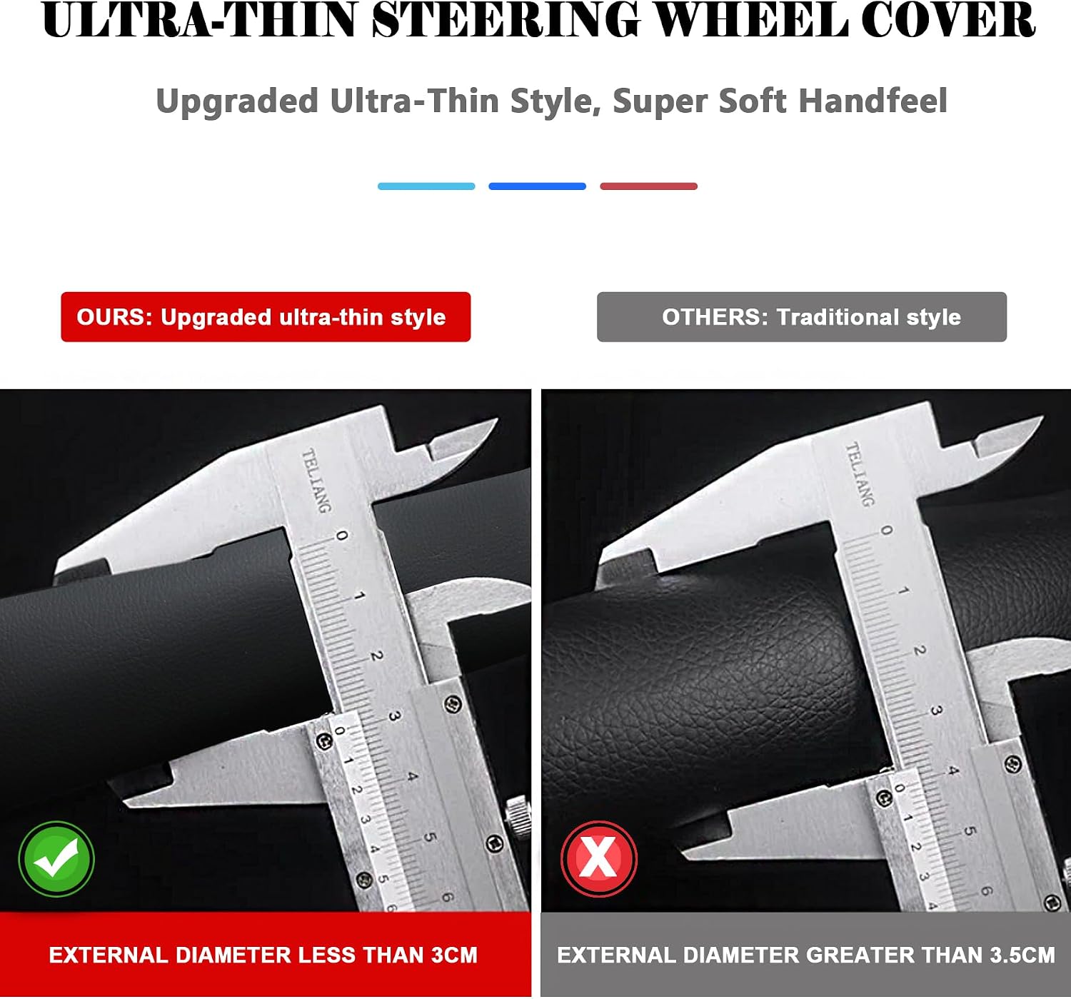West Llama Thin Slim Car Steering Wheel Cover, Universal 14.5-15 inch Nappa Leather Steering Wheel Cover, Ultra Thin, Anti-Slip, Breathable(Black-Standard Size) - Image 3