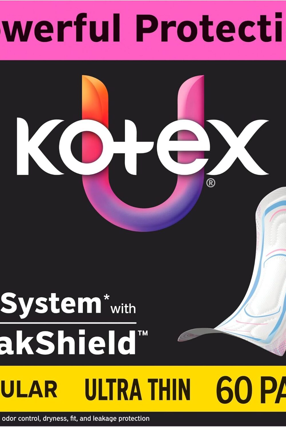 Kotex Ultra Thin Pads, Regular, 60 Count | Period Pad, Breathable Soft Touch Cover, Made Without Fragrance, Clean & Dry Feel, LeakShield Protection, Gravity Core
