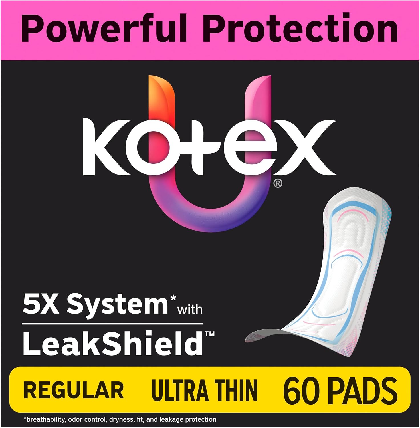 Kotex Ultra Thin Pads, Regular, 60 Count | Period Pad, Breathable Soft Touch Cover, Made Without Fragrance, Clean & Dry Feel, LeakShield Protection, Gravity Core