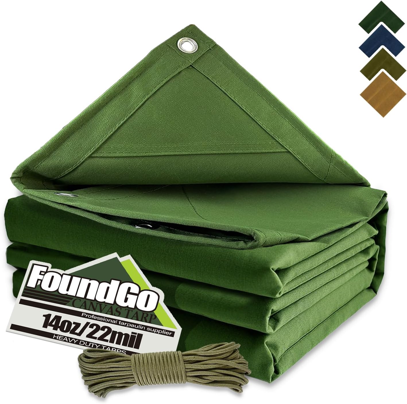 FoundGo Canvas Tarp 6x8ft Heavy Duty Waterresistant Tarps with Grommets, UV Resistant, 22 Mil Tarpaulin,14 oz Durable Cloth Covers for Car, Roof, Boat, Camp, Canopy, Woodpile with Ropes-Green
