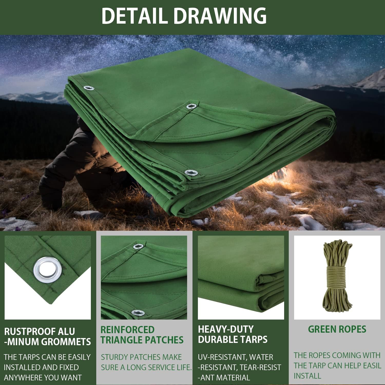 FoundGo Canvas Tarp 6x8ft Heavy Duty Waterresistant Tarps with Grommets, UV Resistant, 22 Mil Tarpaulin,14 oz Durable Cloth Covers for Car, Roof, Boat, Camp, Canopy, Woodpile with Ropes-Green - Image 6