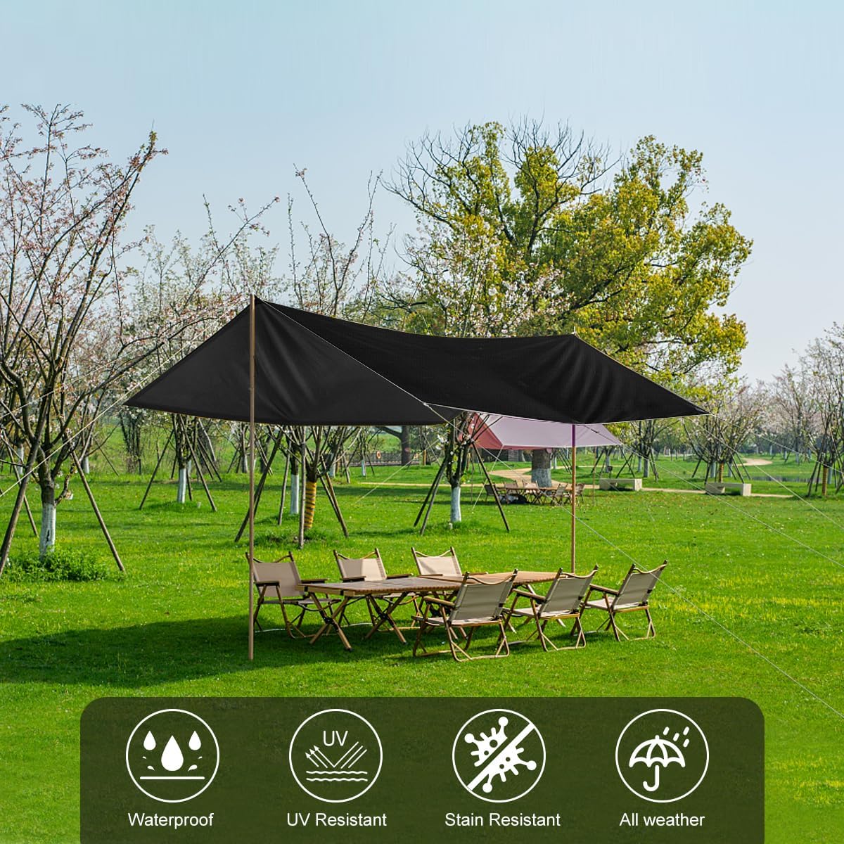 Black Waterproof Tarp 5x6ft for Outdoor: UV/Tear-Resistant Cover for Rain | Multi-Purpose Oxford Tarpaulin with Reinforced Webbing Loops for Camping Boat Pool Roof Tent - Image 2